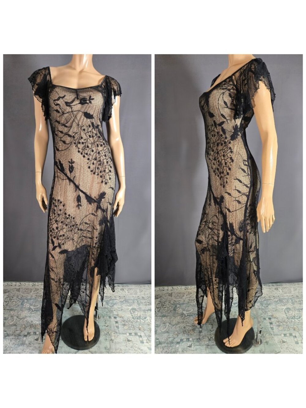 Vintage 90s Y2K Asymmetric Black Mesh Overlay Dress Witchy Gothic Fairy Size M